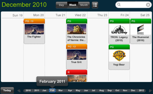 Example of a calendar with movies color-coded by movie category
