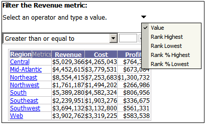 Example of the title bar drop-down menu for a metric condition selector